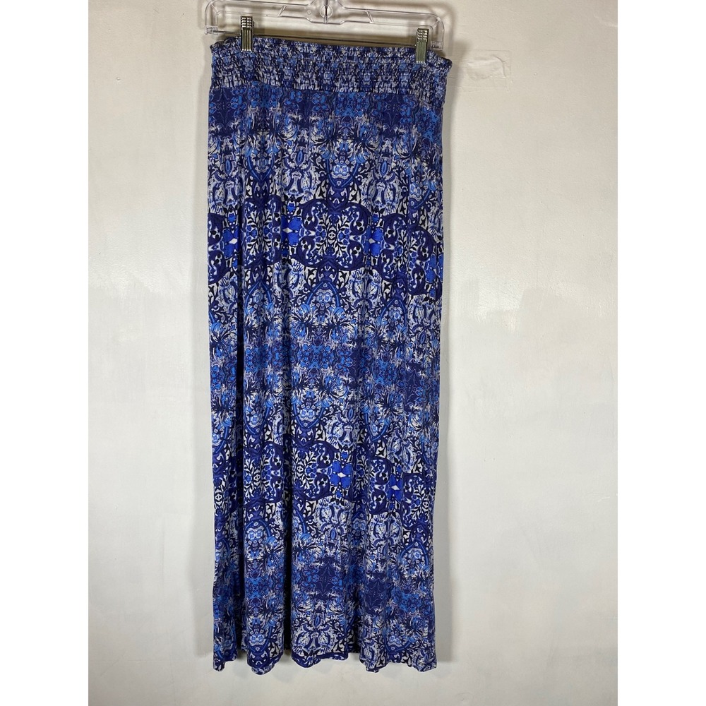 Blue Damask Medallion Maxi Skirt Smocked Boho Resort L Modest Cottagecore Flowy